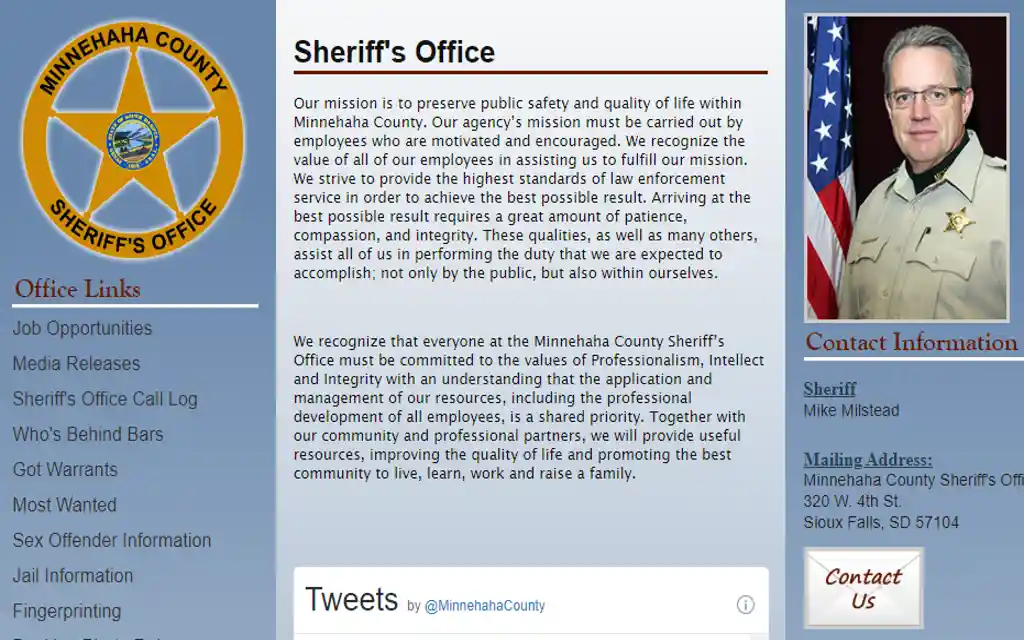 A screenshot from the Minnehaha County Sheriff's Office featuring the mission statement, a welcome message, links to various law enforcement services and information, and contact details, all designed to serve the community's safety and quality of life.