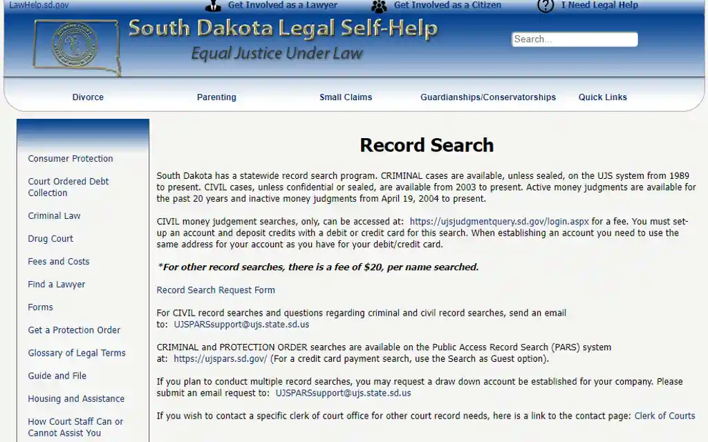 South Dakota Legal Self-Help with instructions to see free South Dakota divorce records, marriage records, and other public information.