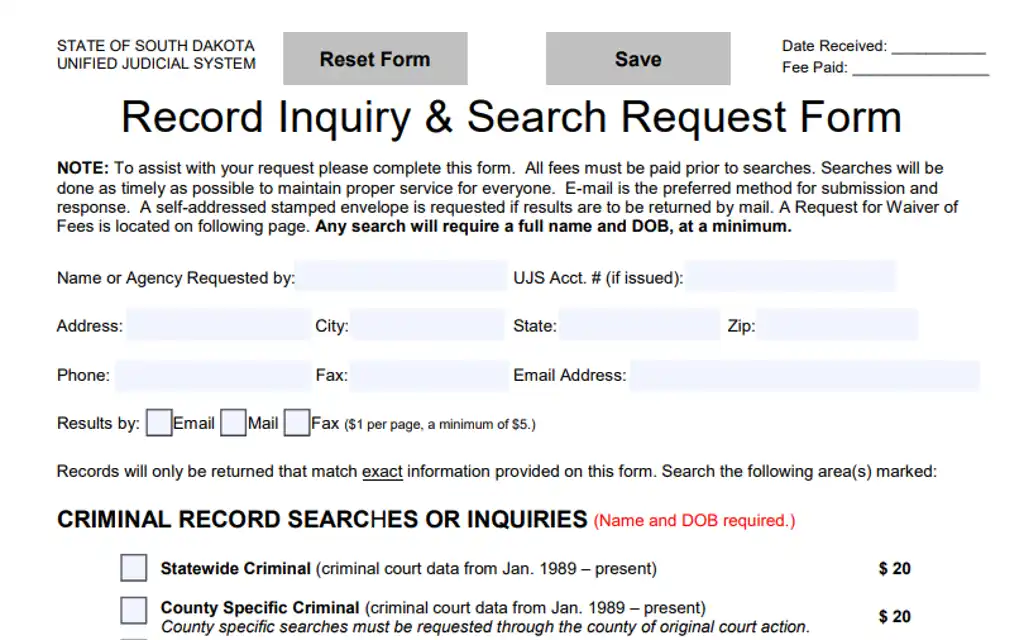 Form to request court records and free South Dakota criminal records by county or state wide.