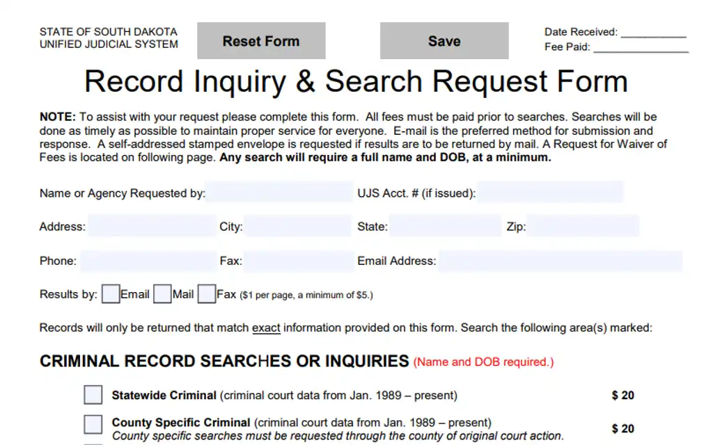 A screenshot shows a record inquiry and search request form from the South Dakota Unified System, with fields for personal information, preferred methods for receiving results, and options to select statewide or county-specific criminal record searches.