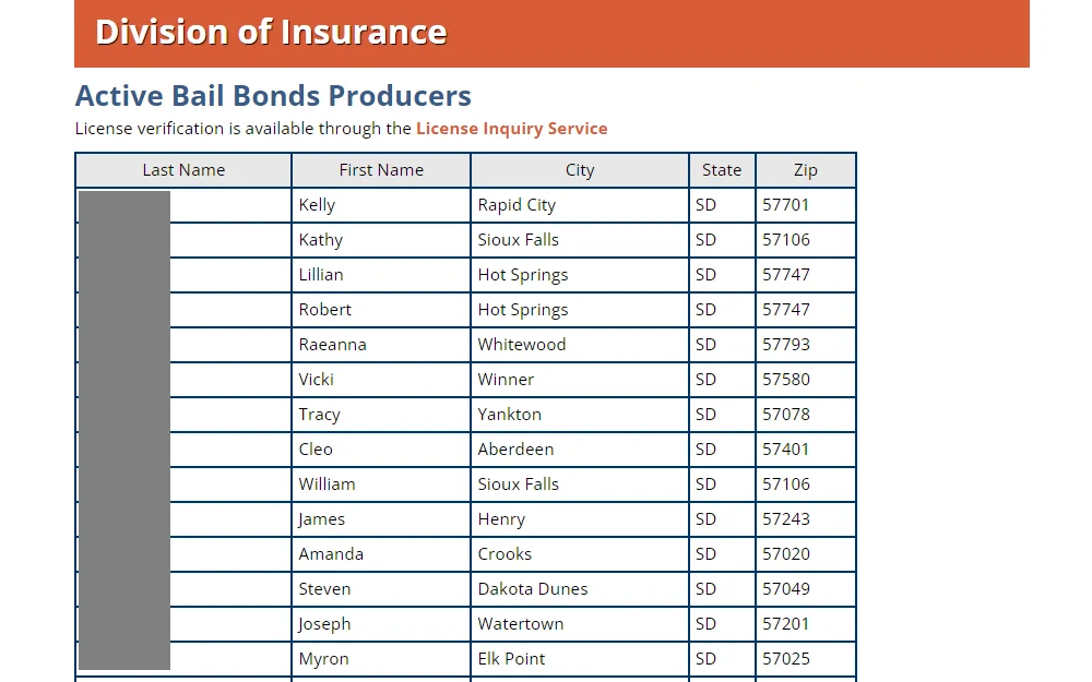 A screenshot showing the list of licensed active bail bond producers in South Dakota and the counties they operated in.