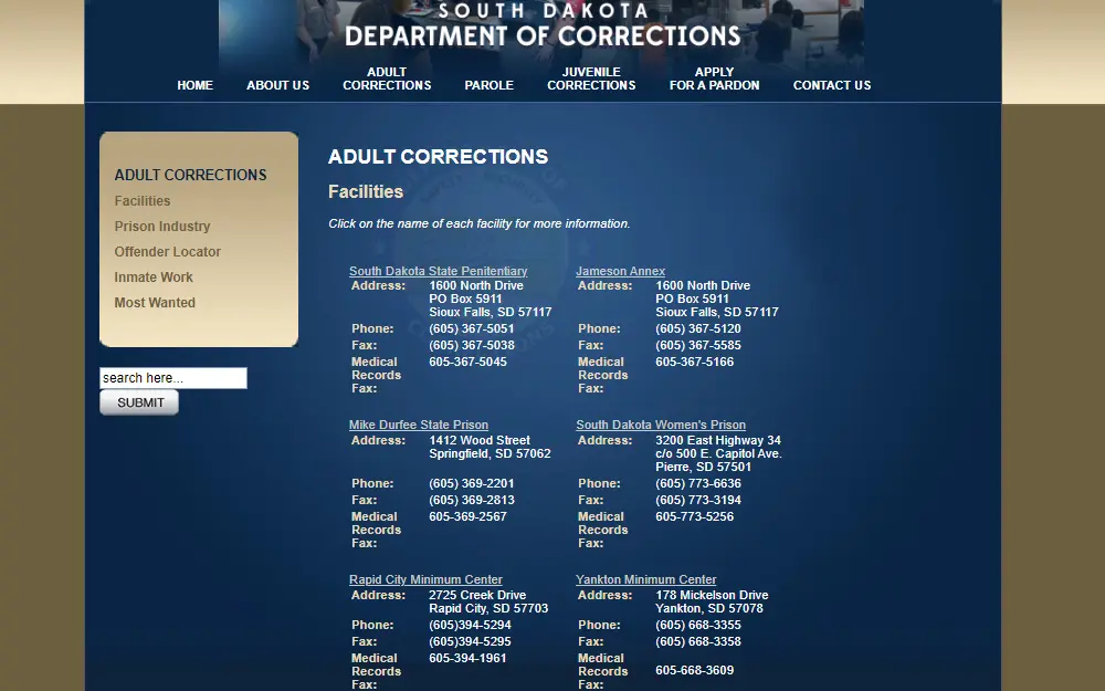 A screenshot showing South Dakota's Correctional Facilities' names, addresses, and contact information. 