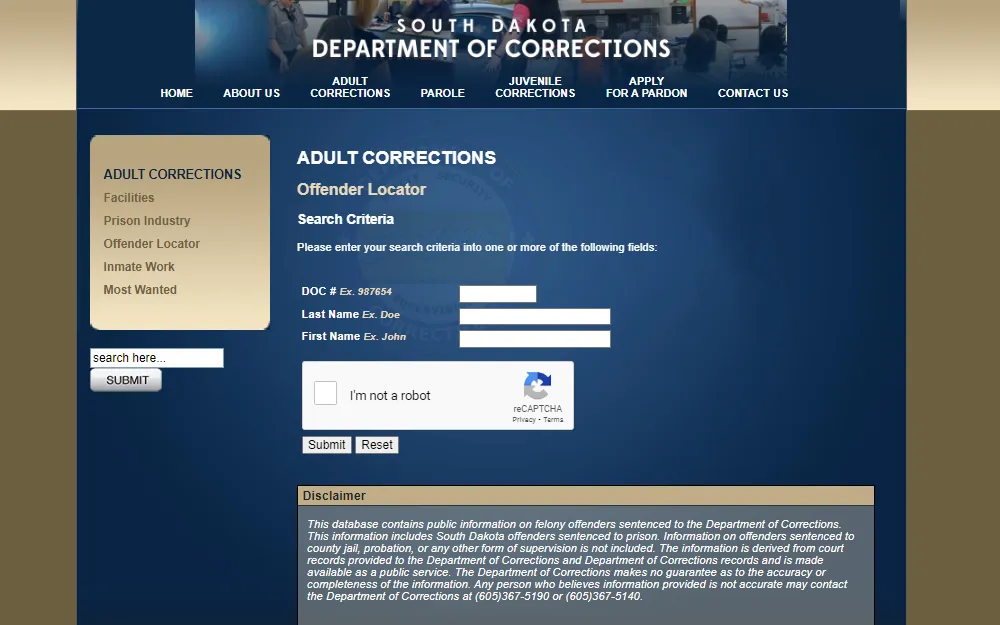 A screenshot showing the Adult Corrections Offender Locator platform used to check an offender's information in South Dakota by providing the DOC#, Last Name, and First Name of the offender. 
