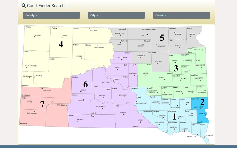 A screenshot showing the Court Finder Search tool provided by the South Dakota Supreme Court through the Map of South Dakota presentation. 