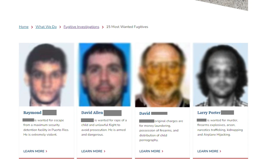 A screenshot showing the list of 15 most wanted fugitives in the United States with their pictures and other identifiable information.