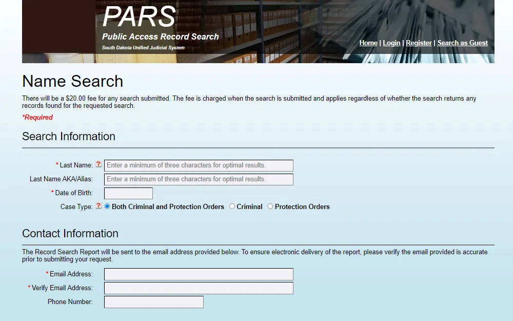 A screenshot showing the Public Access Record Search, Guess Search tool that requires the criminal or protection order's information, such as the last name, place of birth, and the case type, as well as the requester's contact information. 