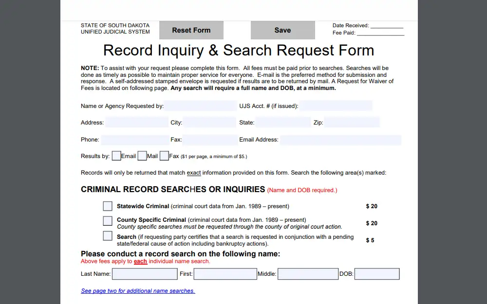A screenshot showing the Record Inquiry & Search Request form that needed to be filled out and submitted for an individual to do a statewide or county-specific criminal search.