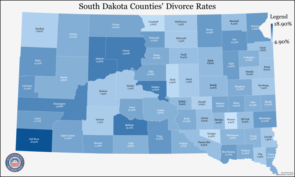 An outline of the map of South Dakota Counties showing the divorce population rates (5-year estimates in 2021) base on the Census Bureau.