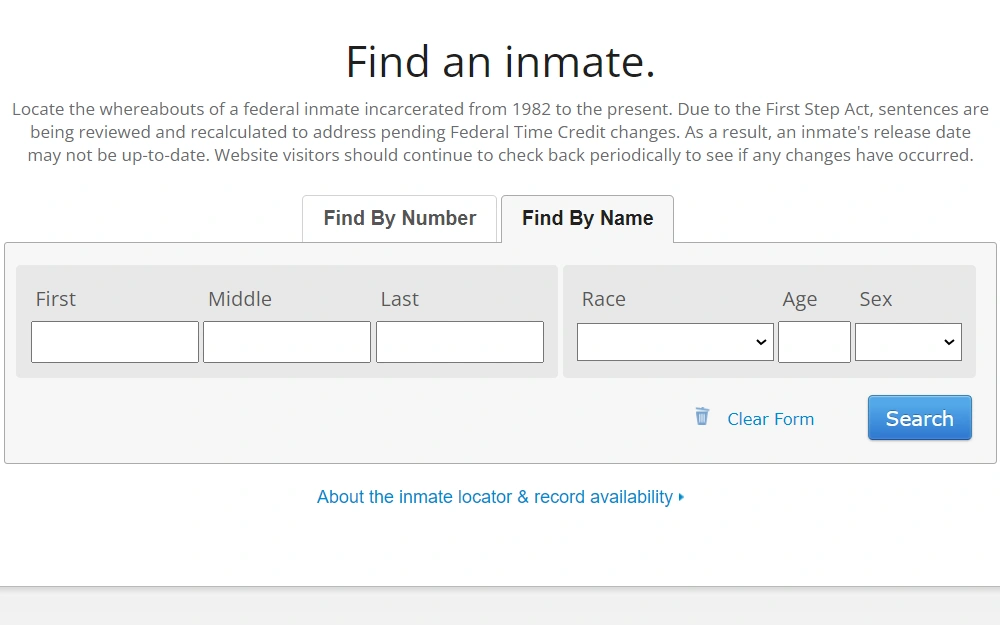 Screenshot of the inmate locator showing fields for full name, race, age, and sex under the "Find by Name" tab, and another tab for "Find by Number".
