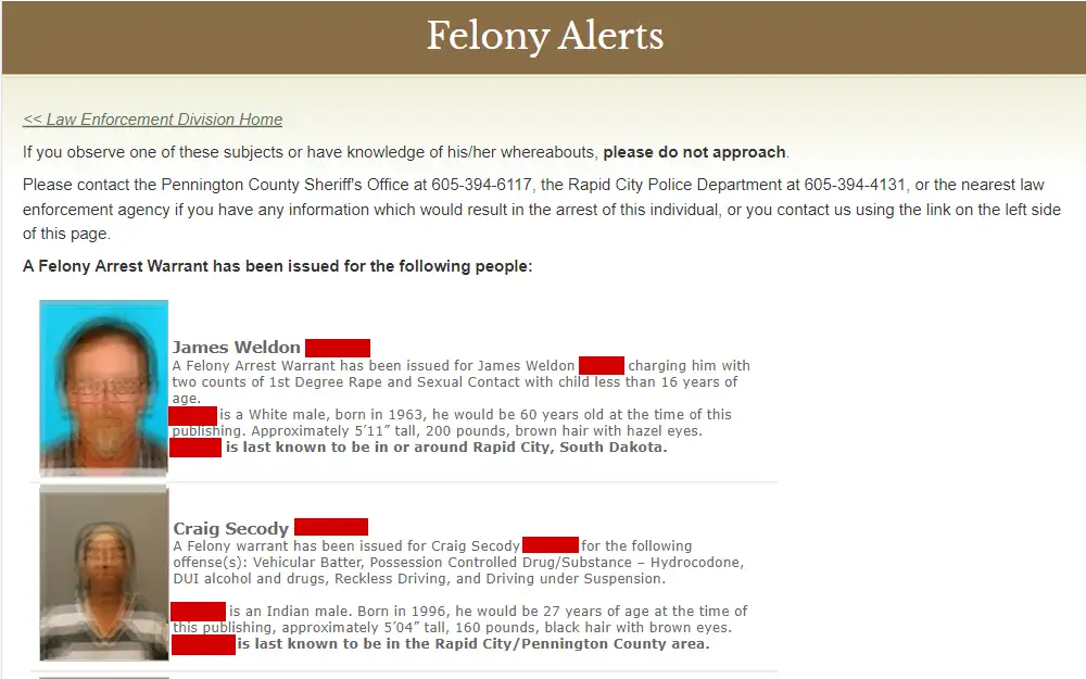 A screenshot of the list where the public can view the mugshot and details on individuals who have warrants for their arrest for a felony.