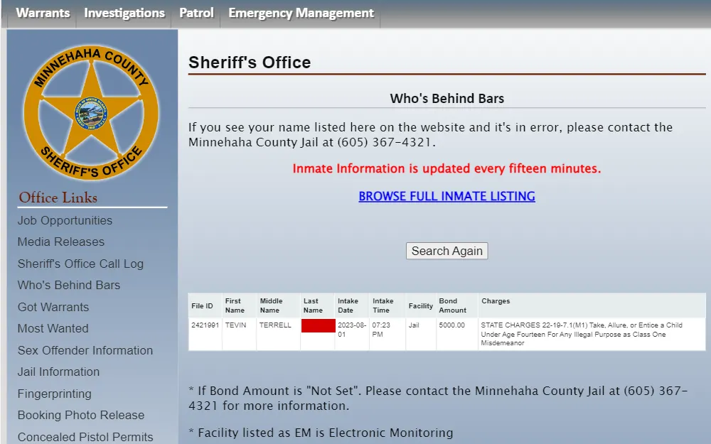 A screenshot of the search tool that allows the public to find information about who's incacerated in 