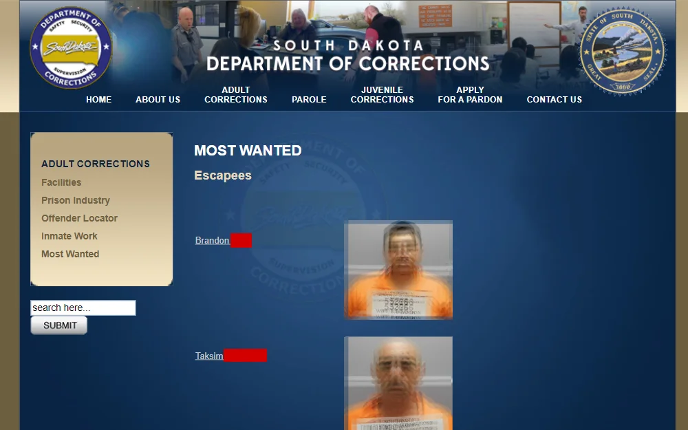 A screenshot of the most wanted list where the public can view a list of people (along with their mugshot) of those that have escaped a South Dakota state prison.