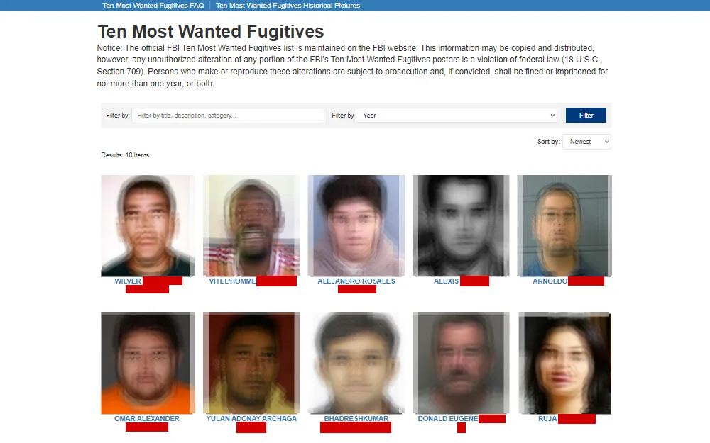A screenshot of the list where the public can view the reason they are on the most wanted list, along with a description of the fugitive (including a mugshot).