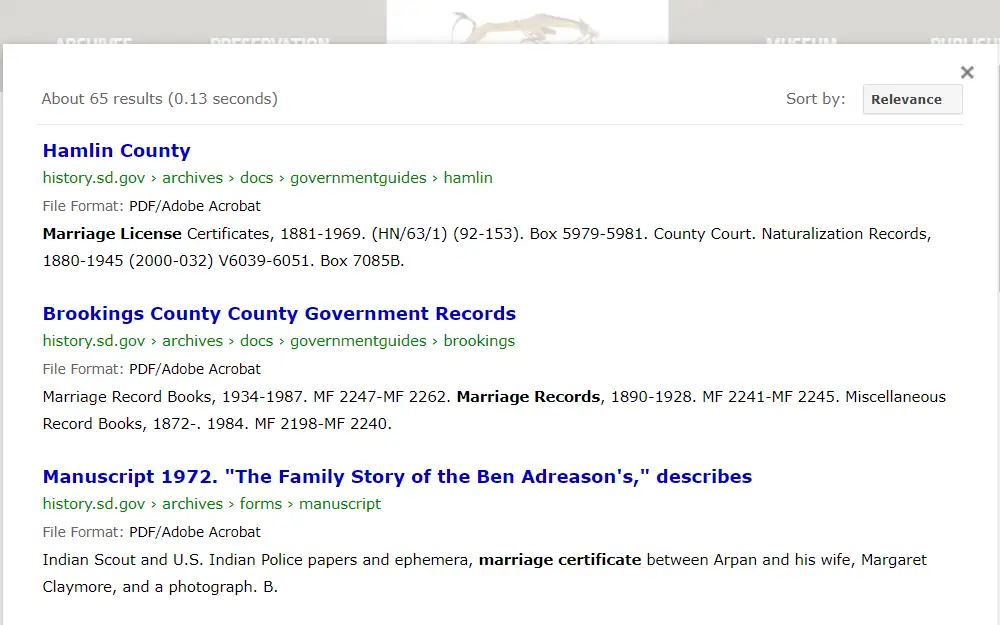 Screenshot of the search results for marriage licenses showing relevant documents from the archive.