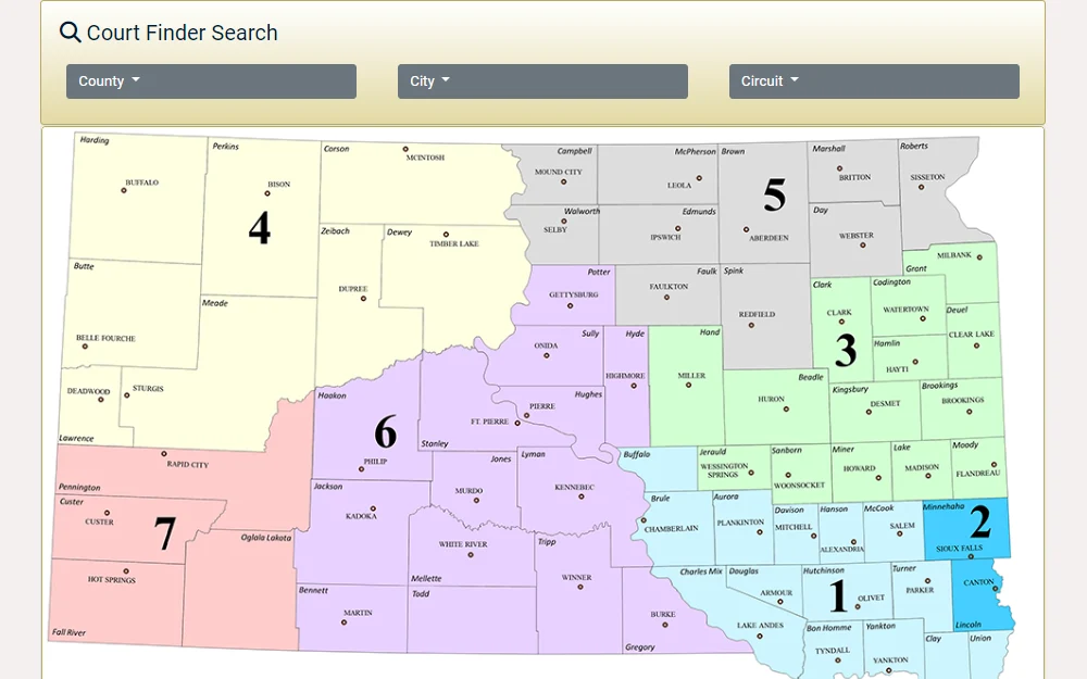 A screenshot of the court finder displaying the interactive state map divided into districts, and drop down menus for county, city, and circuit.