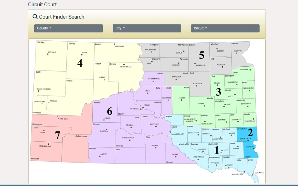 A screenshot of a circuit court finder search with a map and can be filtered by dropdown box of county, city and circuit from the South Dakota Unified Judicial System website.
