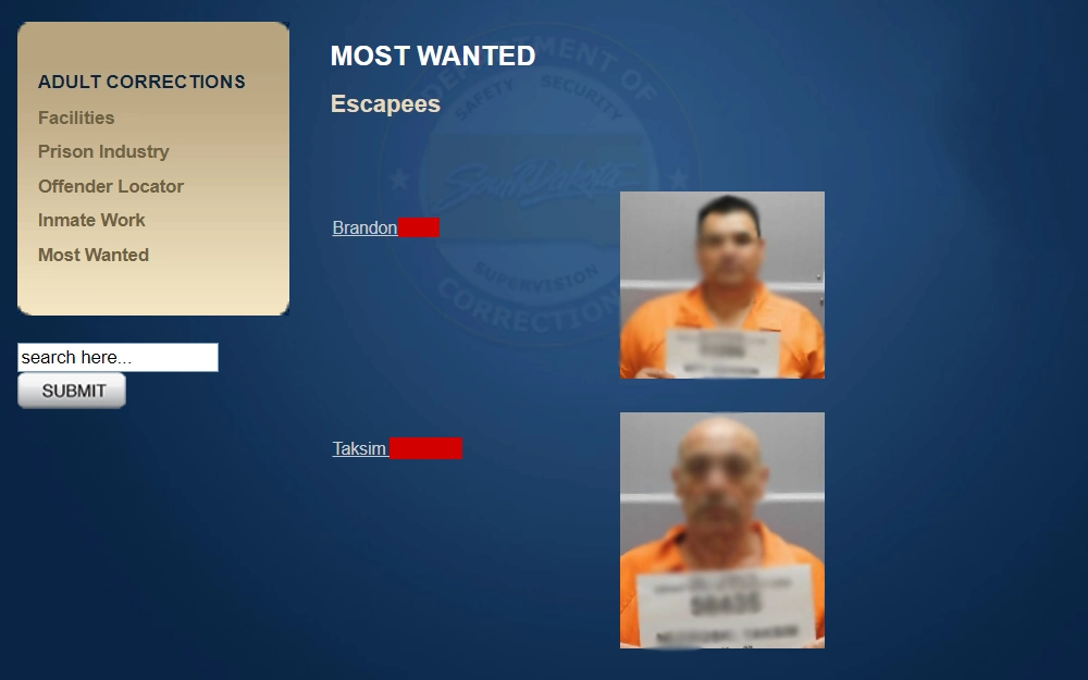 Screenshot of the most wanted escapees list displaying the escapees' names and mugshots.