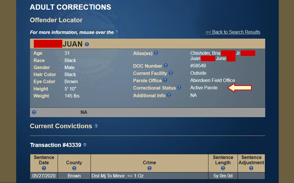 Screenshot of the offender search results, displaying details of an active parolee including name, identifying characteristics, DOC number, parole office, and current conviction.