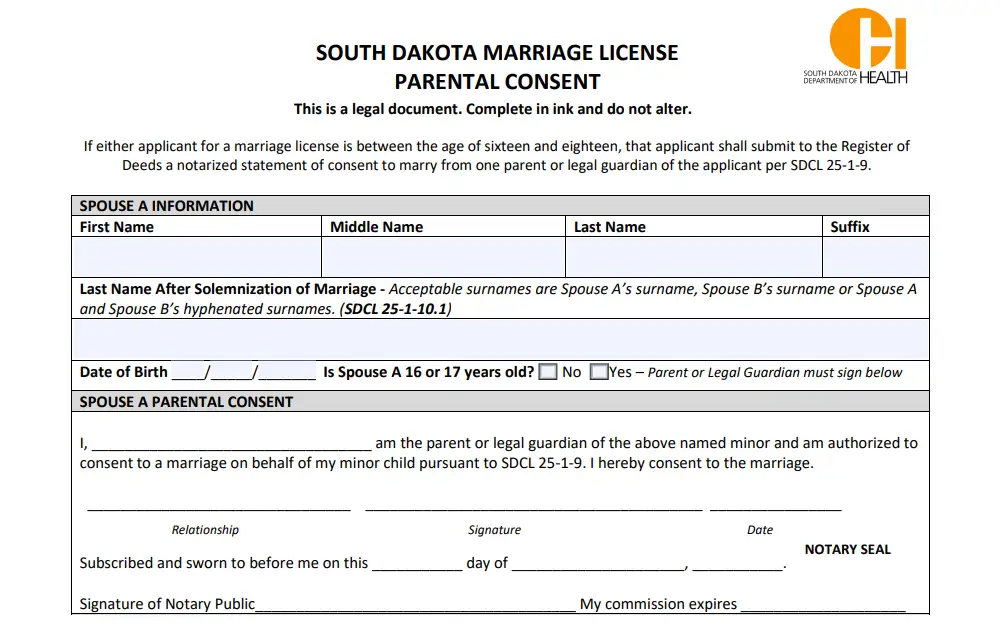 Screenshot of the parental consent form showing the fields for the information of spouse a and their respective parental consent.