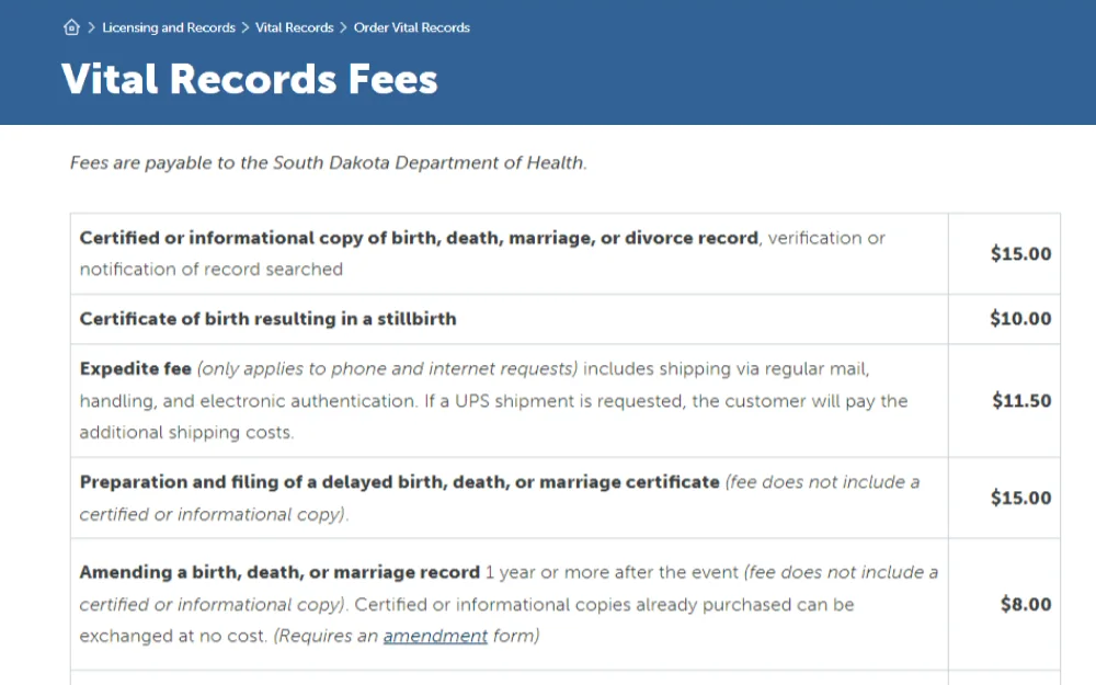A screenshot from the South Dakota Department of Health website showing the vital records fees such as certified or informational copy of birth, death, marriage or divorce record and other vital document fees.