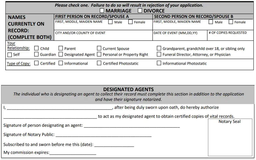 A screenshot of the record request form showing the section for marriage and divorce, and for designated agents.
