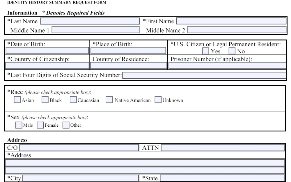 A screenshot features a form from the Federal Bureau of Investigation for requesting an identity history summary, with required fields for personal information such as last name, first name, date of birth, place of birth, citizenship, social security number, race, and sex, along with address details.