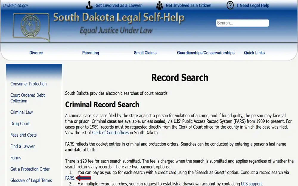 A screenshot from the South Dakota Legal Self Help detailing how to search for court records, outlining the availability of criminal case files via an electronic search system provided by a state legal services department, with information on fees and procedures for accessing records.