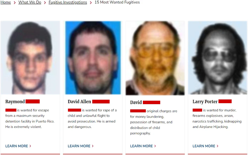 A screenshot showing the list of 15 most wanted fugitives in the United States with their pictures and other identifiable information.