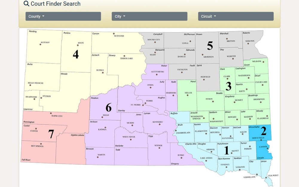 A screenshot showing the Court Finder Search tool provided by the South Dakota Supreme Court through the Map of South Dakota presentation.