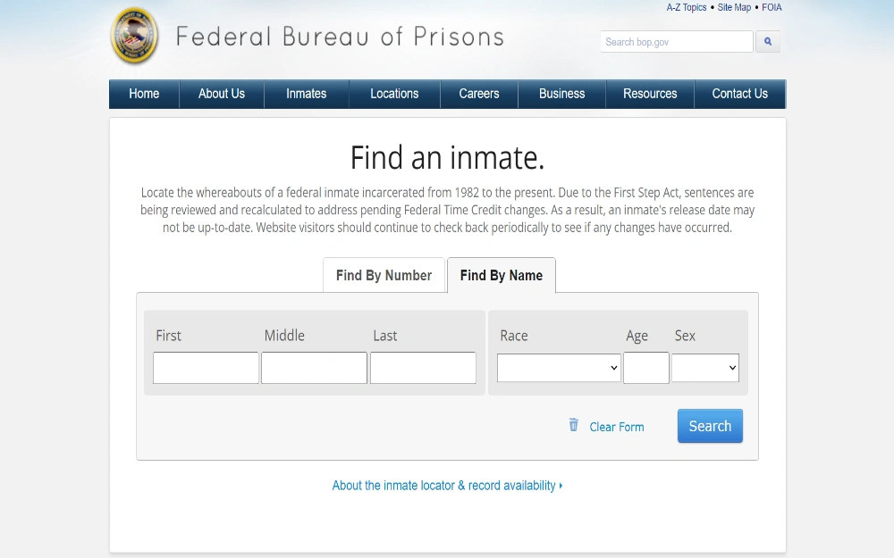 A screenshot showing the Federal Inmate Locator tool provided by the Bureau of Prisons, where one can find an inmate's information by providing the number or name.