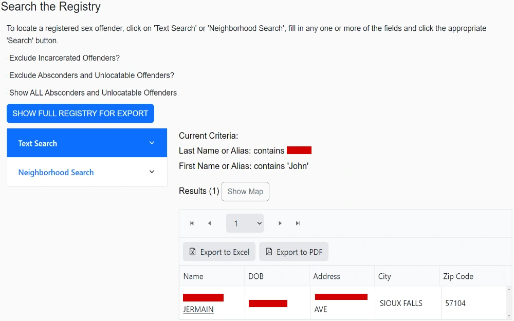 A screenshot showing the Sex Offender Registry search tool of South Dakota provided by the Division of Criminal Investigation, where one can find the offender's information through Text Search or Neighborhood Search.